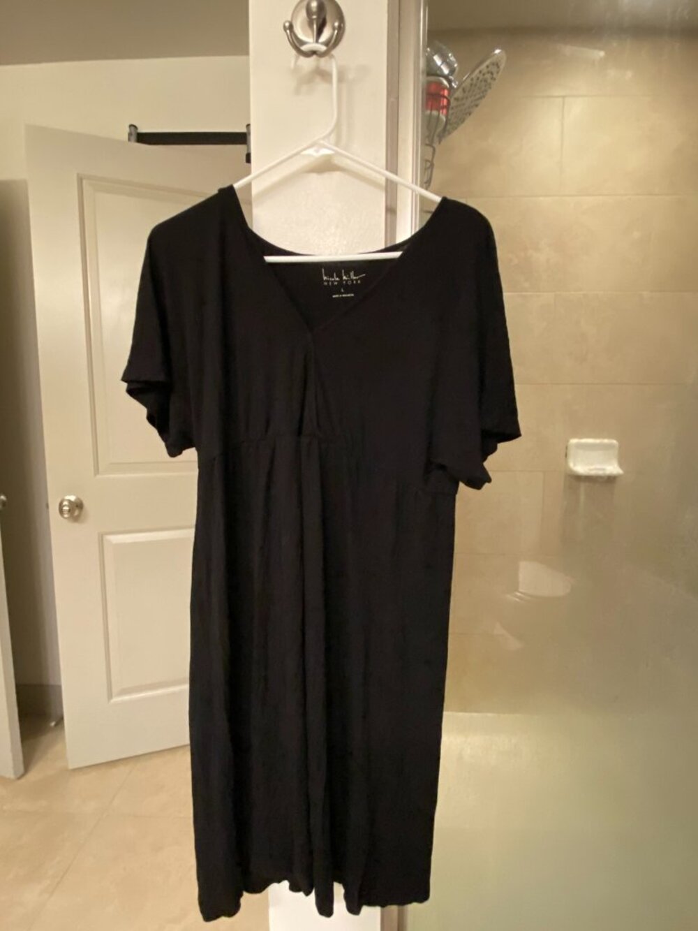 Nicole Miller New York Womens Short Sleeve V Neck Black Midi Dress Size Large